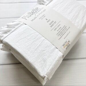 4pc PiuBelle Ruffle Raw Edge White KING Sheet Set Farmhouse Shabby Cottage Chic